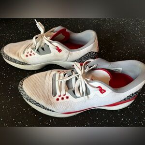 White red and grey Run Jordans. Size 11. Lightly worn.